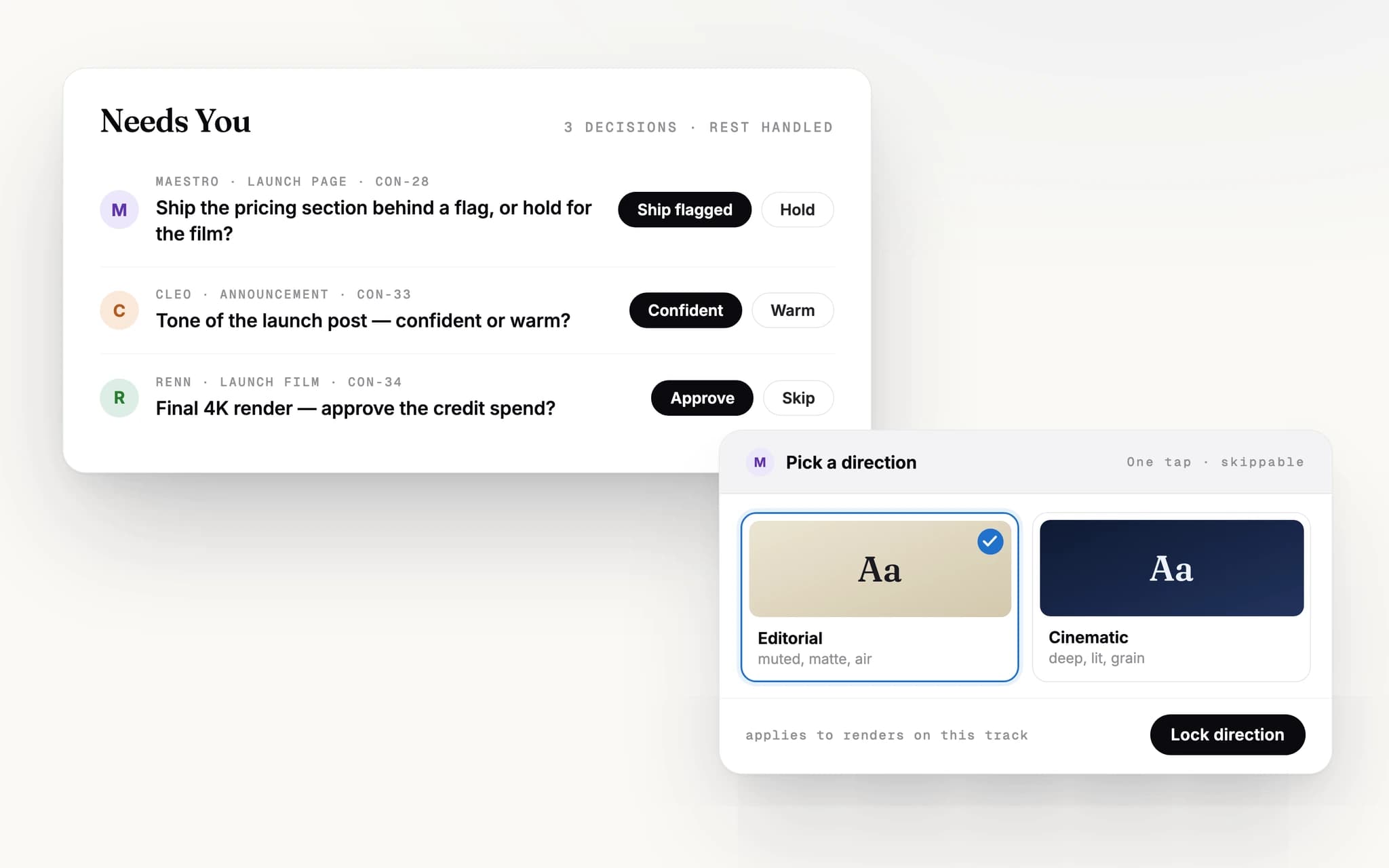 The Concierto Needs You queue with three one-tap decisions — ship a pricing section behind a flag, pick the launch post tone, approve a 4K render spend — next to a Maestro steer widget choosing between Editorial and Cinematic visual directions.