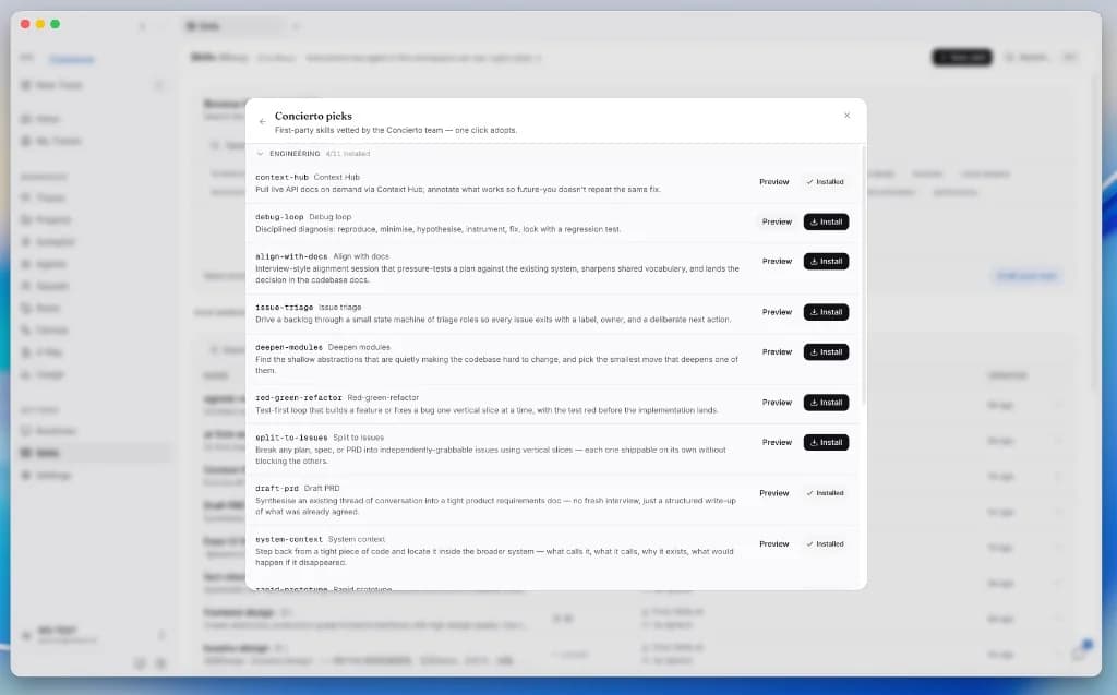 Concierto Runtimes page listing local and hosted agent CLIs.